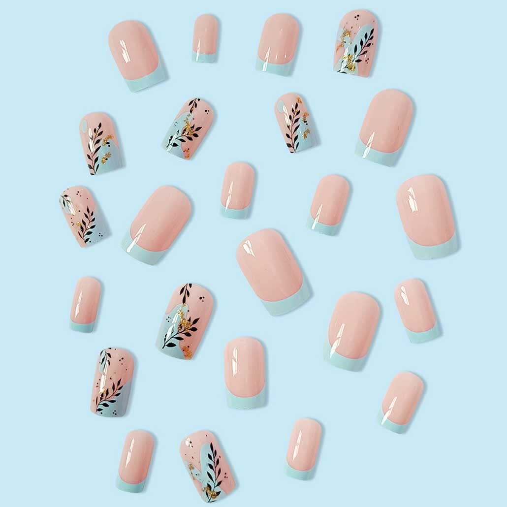 Foccna 24pcs Pink Fake Nails Square French Tip Press on Nails Medium Glossy Blue False Nail Tips Artificial Finger Manicure for Women