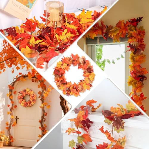 Fall Decor - 2 Pack Fall Garland Maple Leaf - Total 11.8FT Autumn Vine for Fall Home Decor-Thanksgiving, Halloween,Fireplace, Wedding, Christmas Party Hanging Foliage