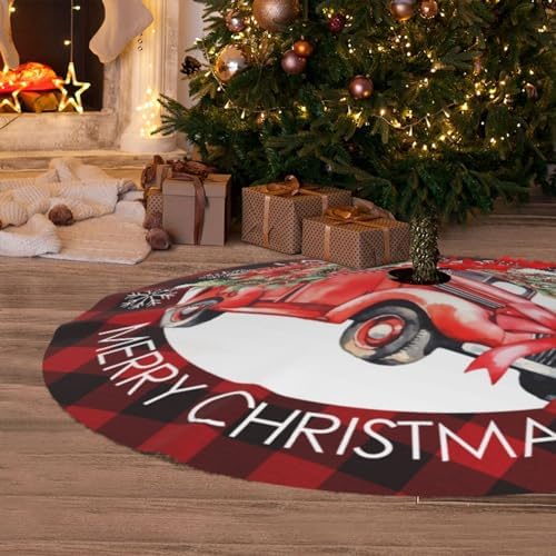 Buffalo Check Plaid Red and Black Plaid Christmas Vintage Red Truck 36 Inch Christmas Tree Skirt Carpet Mat Funny Party Decor Supplies for Xmas Halloween Ornament Decorations Occasion