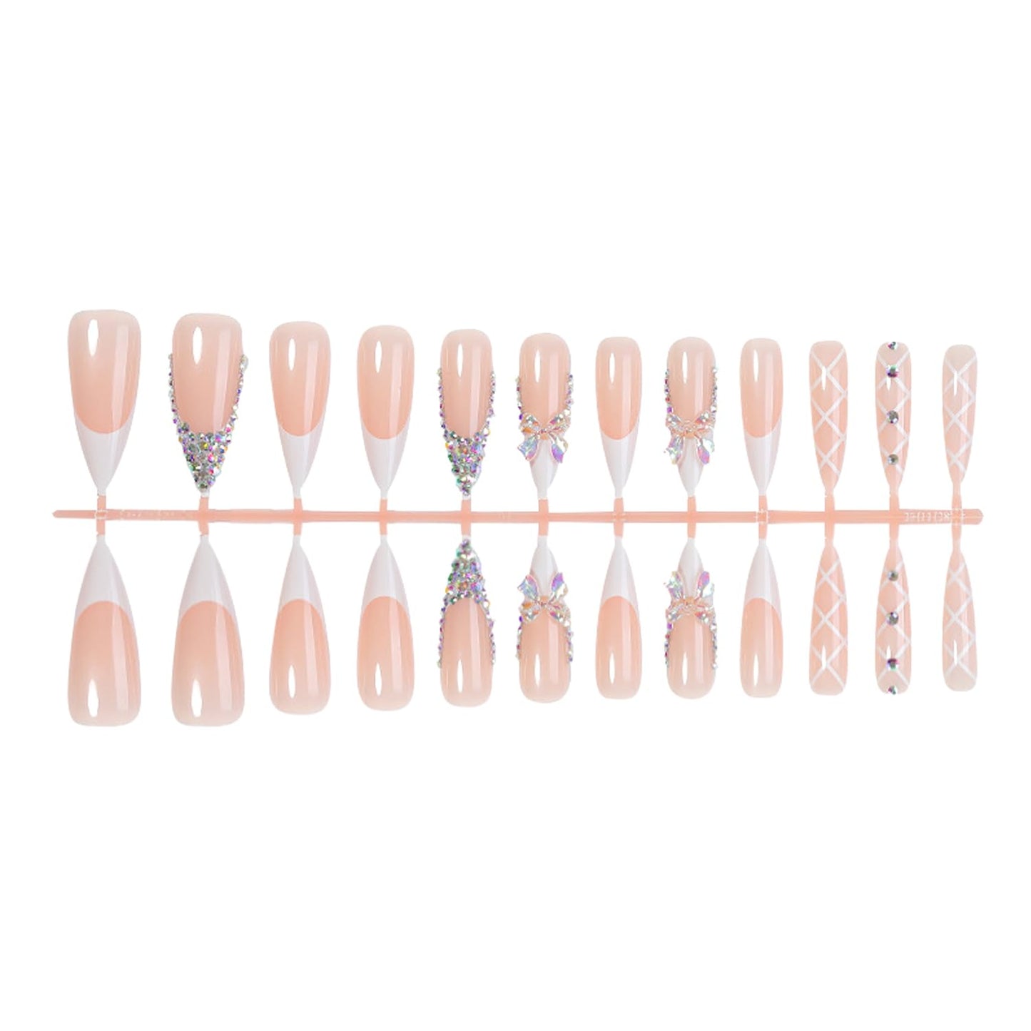 24Pcs White French Tip Press on Nails Long Stiletto Fake Nails with 3D Rhinestone Design False Nails Holographic Bow Glue on Nail Nude Glossy Full Cover Cute Bow-Knot Artificial Acrylic Nail for Women