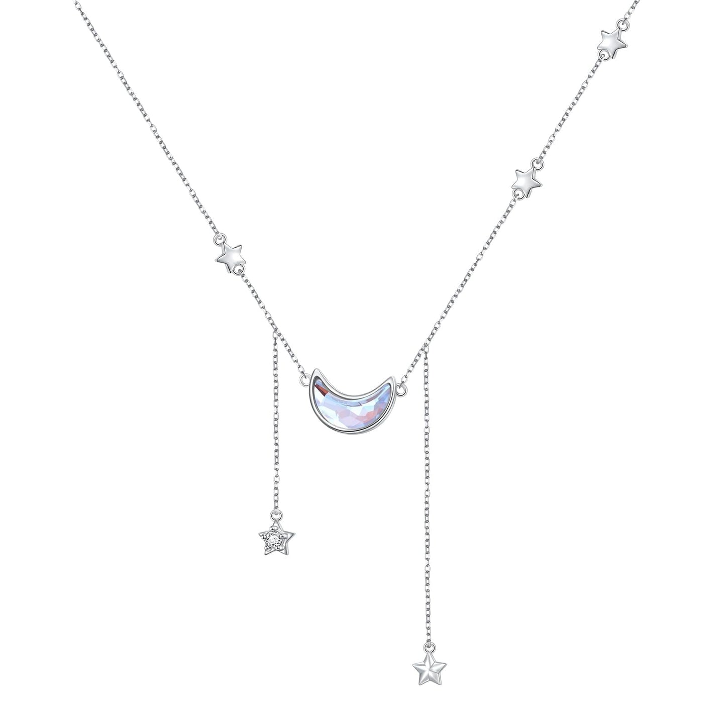 Ladytree 925 Sterling Silver Crescent Moon and Stars Celestial Jewelry CZ Created Moonstone Pendant Necklace Rolo Chain 18 inches to 20 inches