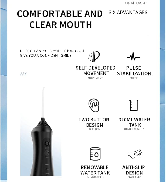 Water Flosser, Cordless Water Dental Flosser，320ML Portable Oral Irrigator with 3 Modes & 6 Tips, IPX7 Waterproof, 60–160 PSI Rechargeable Dental Floss Pick for Home & Travel Use