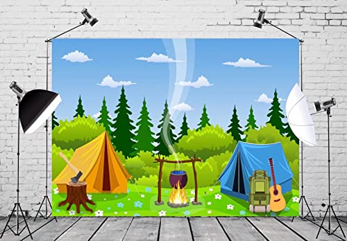 BELECO 7x5ft Fabric Camping Backdrop Cartoon Forest Scene Bonfire Campfire Party Camp Tent Little Lumberjack Birthday Banner Camper Backdrop Camping Theme Party Decoration Outdoor Adventure Photo Prop - size: 7x5FT