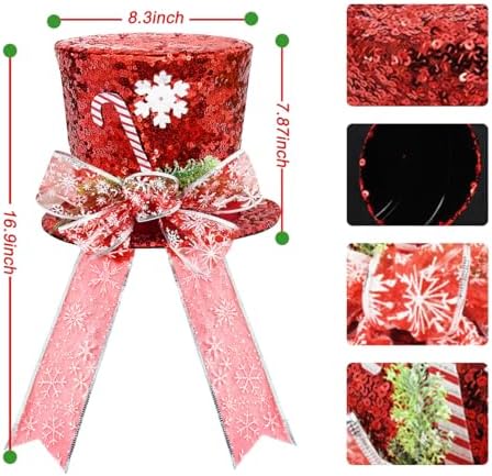Christmas Tree Topper Hat,10 in Stripes Plaid Xmas Tree Top Hat with Xmas Ornaments and Bows,Collapsible Red White Stripe Tree Topper,Christmas Tree Decoration,Xmas Tabletop Ornaments (A)