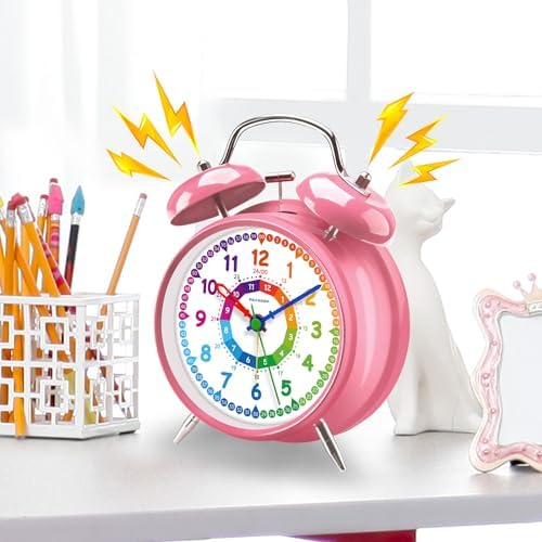 Peakeep Learning Clock for Kids Time Teaching, Loud Alarm to Wake Up | 4.5" Twin Bell Alarm Clock Battery Operated for Teenagers Kids, Kids' Room (Pink)