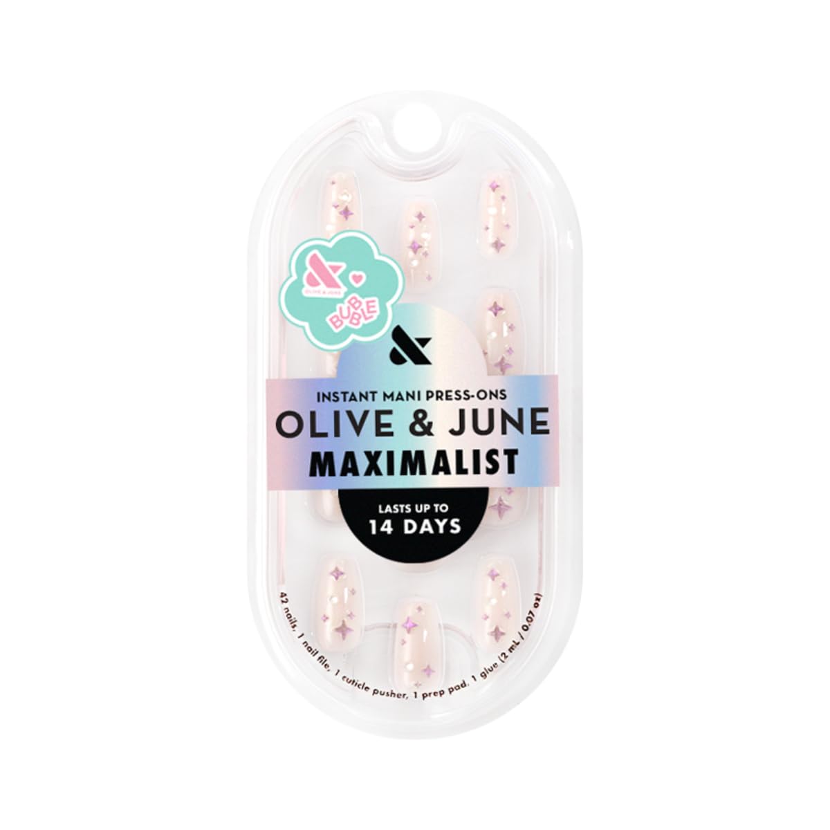 Olive & June Maximalist Instant Mani Press-On Nails (Glue) | 42 Fake Nails, 21 Sizes | Non-Toxic, Long-Lasting Big, Bold Gorgeous Realistic Look | Medium, Coffin | Puffy Sparkles & Pearls
