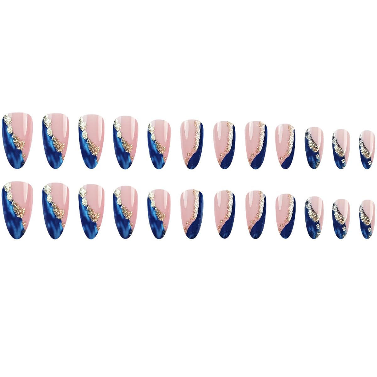 Marble Blue Press on Nails Medium Almond Fake Nails French Tip Nails Press ons with Design Reusable Artificial Nail Full Cover Glue on Nail Stick on Nails for Women Manicure 24Pcs