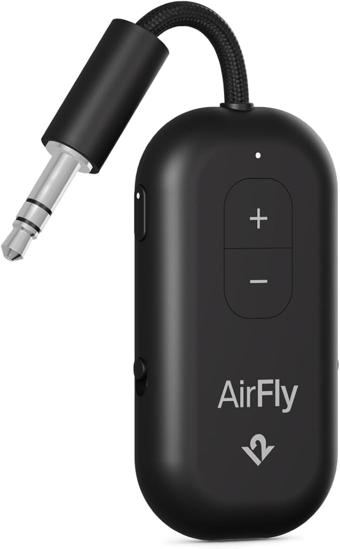 AirFly Pro 2 – Bluetooth Adapter for Airplane, Pair 2 AirPods or Wireless Headphones – 3.5mm AUX Bluetooth Transmitter and Receiver for Cars, Boats, Treadmills, TVs– Airplane Travel Essentials, Black