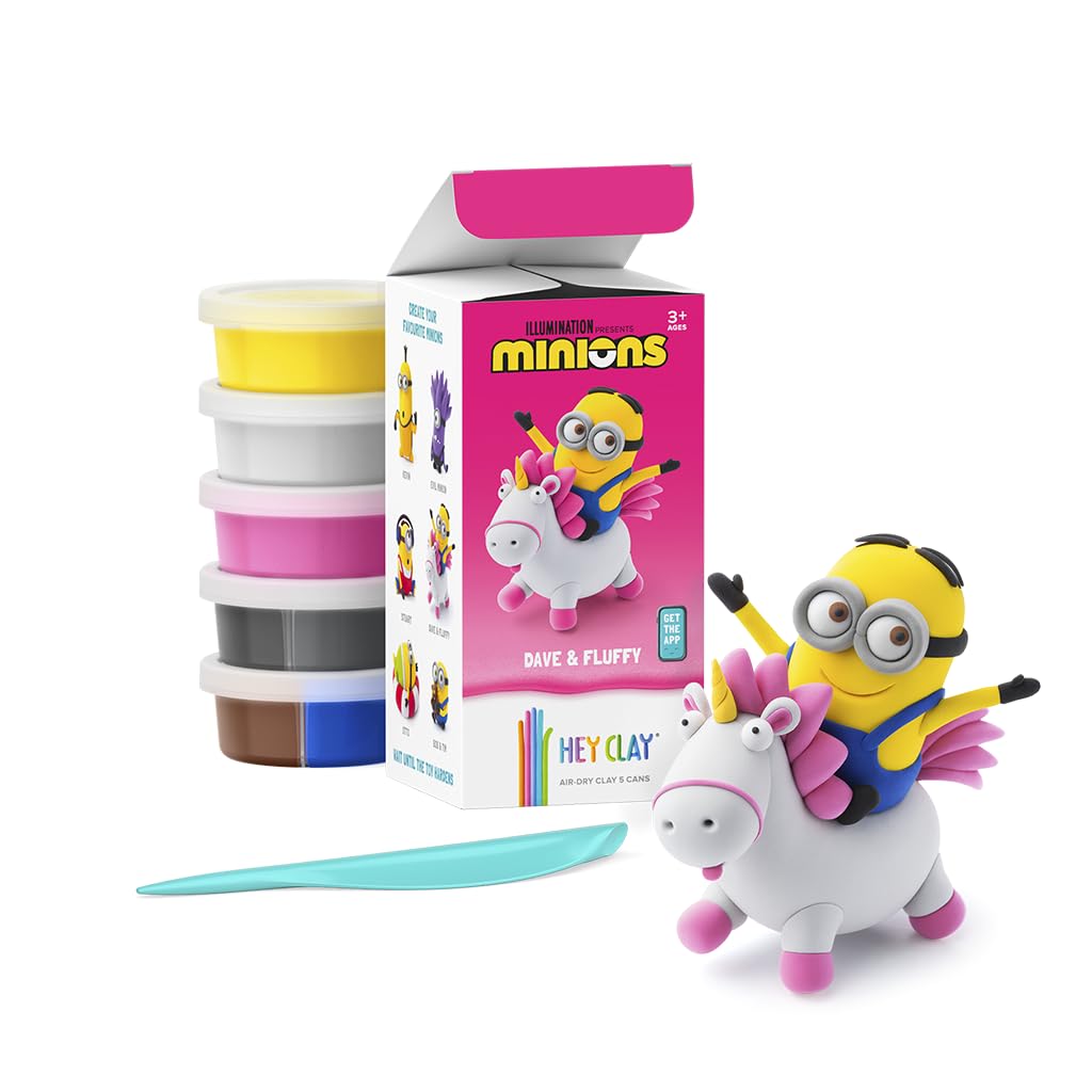 HEY CLAY Minions - Colorful Modeling Air Dry Clay for Kids - Air Dry Clay Kit 5 Cans and Sculpting Tools with Fun Interactive Instructions App - Age 3 and up (Dave & Fluffy)