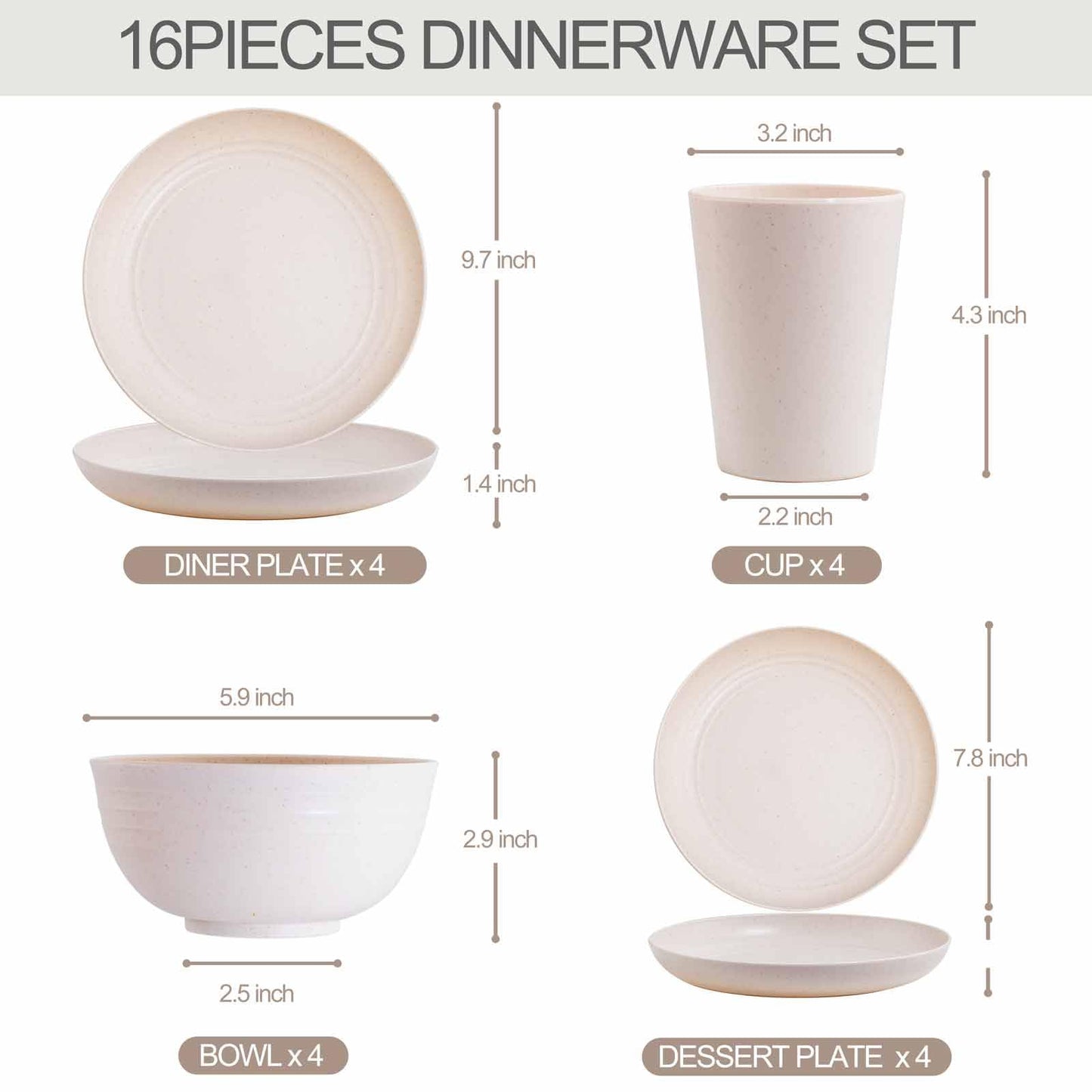 Rubtlamp Wheat Straw Dinnerware Sets, 16PCS Plastic Dinnerware Set for 4, Wheat Straw Plates and Bowls Sets, Unbreakable Dinnerware Plastic Microwave Safe Dishes Set for Kitchen&Camping