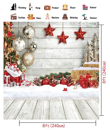 CHAIYA 8X8FT Christmas Backdrop White Wood Floor Photography Backdrop Winter Snow Xmas Tree Gift Family Party Background New Year Party Decoration Backdrop - size: 8′x8′