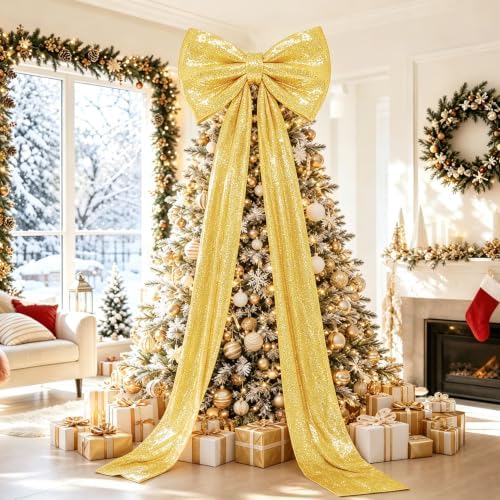 Giant Bow for Christmas Tree Gold Sequin Bows Decor 75 x 23 Inch 3D Oversized Bow Large Sparkly Bows for Christmas with Long Ribbon for Xmas Tree Topper Accent Home Wreath Wall Backdrop Party