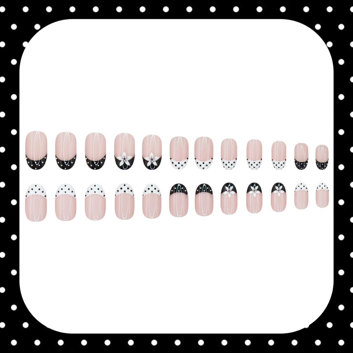 24 Pcs French Tip Press on Nails Short Oval WLGDLH Summer Fake Nails, Black White False Nails Press ons Nail Art Tips with Flower Polka Dots Design, Nude Base Glue on Nails for Women, Glossy Finish