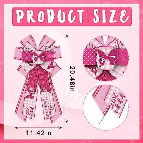 Estivaux Large Breast Cancer Awareness Bows for Wreath, Breast Cancer Awareness Cheer Wreath Bows Pink White Buffalo Plaid Bow Holiday Farmhouse Craft Bows for Front Door Health Awareness Themed Favor