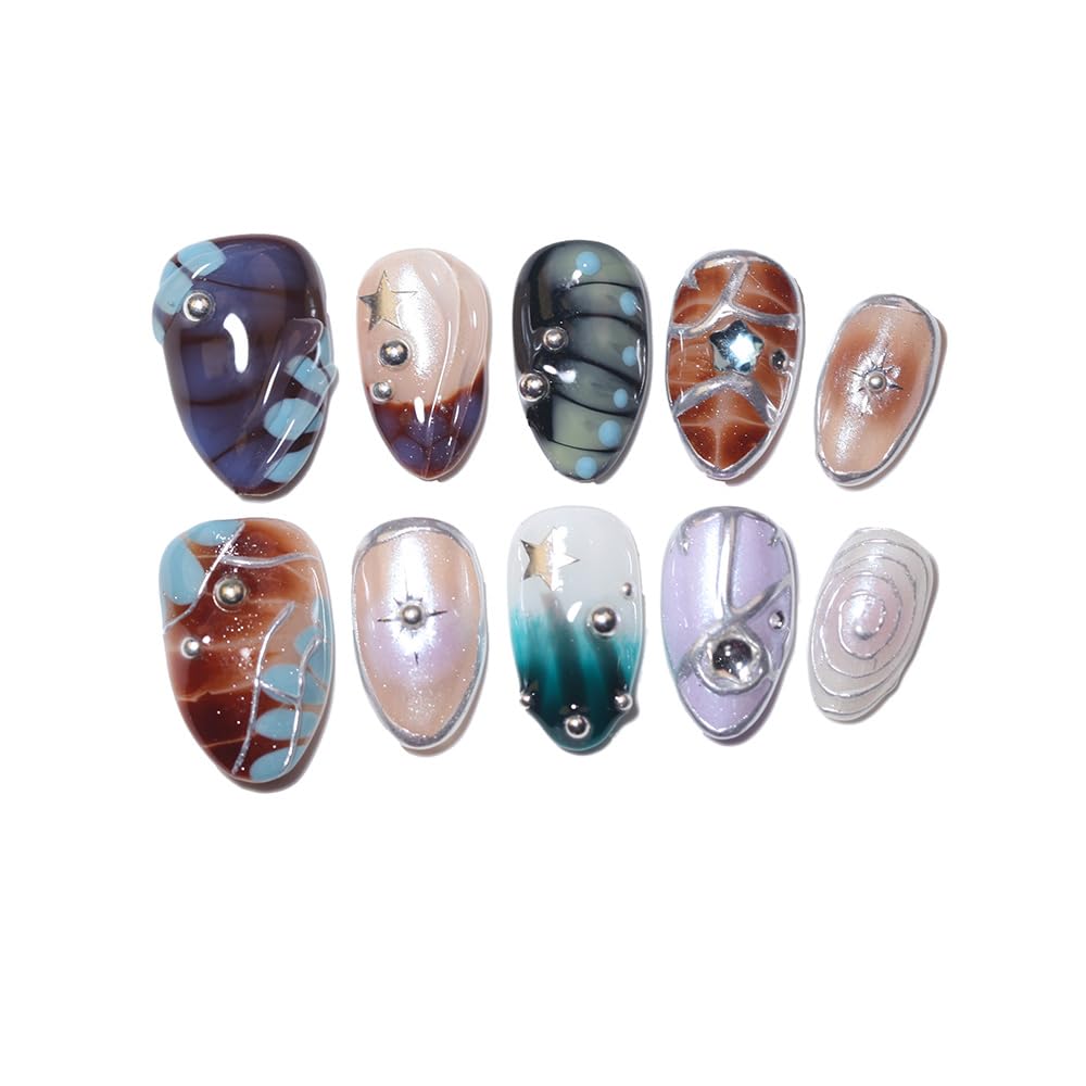10 Short Almond Handmade Press On Nails | 3D Floral Dopamine Sweet & Edgy Design with Snake Pattern, Marbling & Silver Gilding | Skip Salon Trips, Easy to Apply & Remove, Reusable (251112, XS)