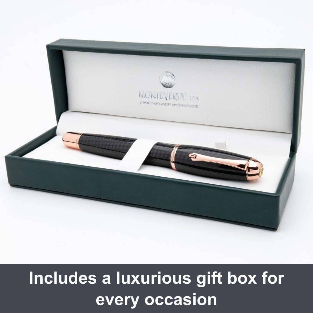 Monteverde USA Super Mega Carbon Fiber Rollerball Pen - 18K Rose Gold Plated Trim - Luxurious Carbon Fiber Body - Refillable with Standard Rollerball Refills - Durable and Elegant