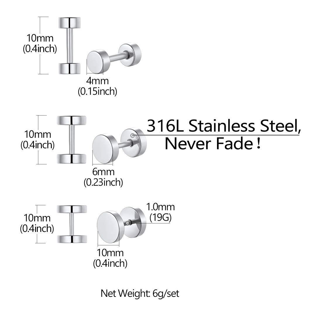 Stainless Steel Round Stud Earrings Set Ear Piercing Plugs Tunnel Men Women Hip Hop Style Jewelry