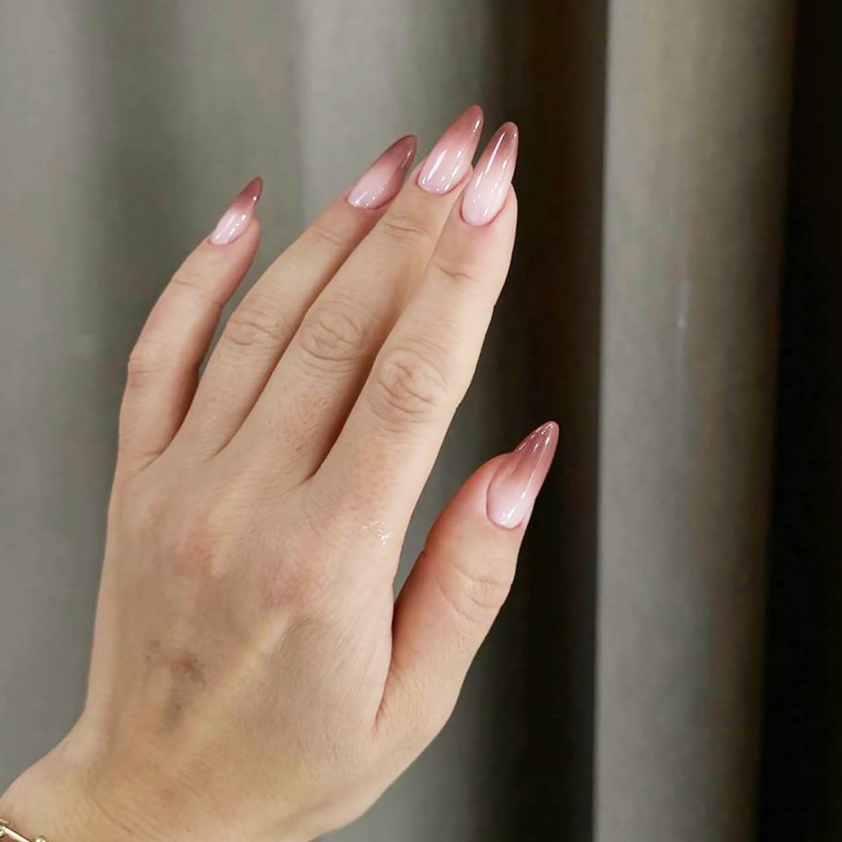 Almond Press on Nails Medium Length Brown French Tip Fake Nails with Glue Stiletto Shape Glossy Acrylic Nails Full Cover Pink Gradient False Nails for Women DIY Manicure Decoration 24PCS