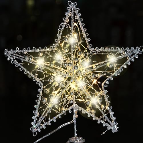 Emopeak Iron Art 20 LED Christmas Tree Topper, 8 x 10Inch Indoor Outdoor Star Treetop Light Two Modes (Keep Light ON/Flash) for 1.5Ft to 9Ft Christmas Tree (Silver, 8 x 10 Inch)