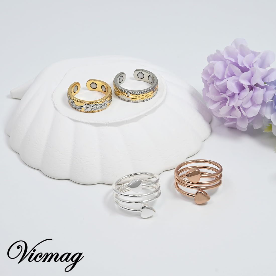 Vicmag Copper Magnetic Ring for Women, Magnetic Rings Ladies Fingers Thumb 100% Solid Pure Copper Jewelry Gift Adjustable(4PCS Love Heart+Flower)