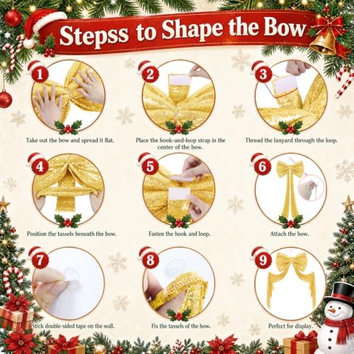 Giant Bow for Christmas Tree Gold Sequin Bows Decor 75 x 23 Inch 3D Oversized Bow Large Sparkly Bows for Christmas with Long Ribbon for Xmas Tree Topper Accent Home Wreath Wall Backdrop Party