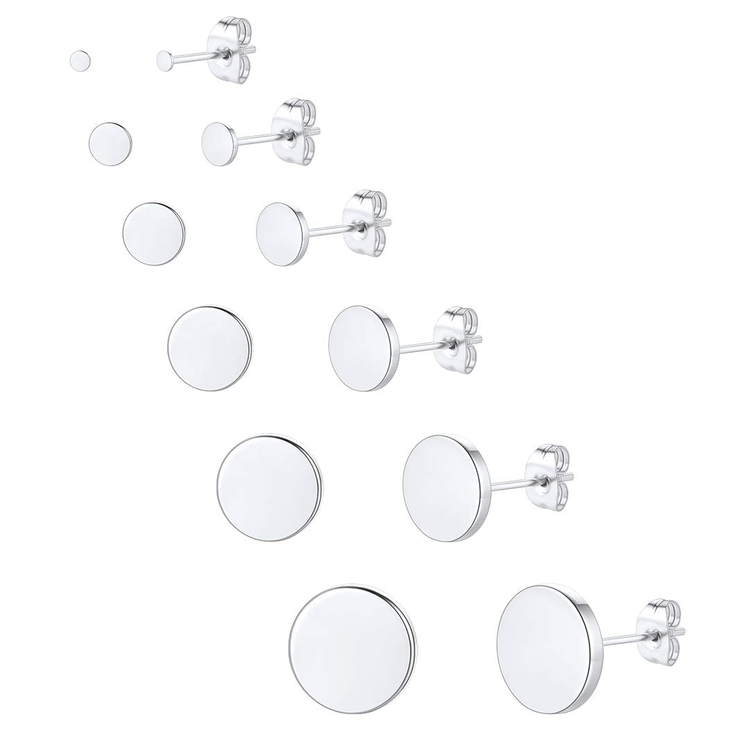 Mens Womens Round Stud Earrings Set 6 Pairs Stainless Steel Ear Piercing Hip Hop Style Earring Jewelry