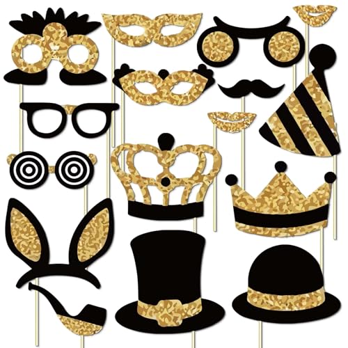 Birthday Photo Booth Props Kit, 25 PCS Black & Gold Party Birthday Selfie Props, Easy-to-Assemble DIY Photo Booth Props Set, & Funny Photography Booth Props for Women & Girls - color: 25p Photo Booth Props Kitcs