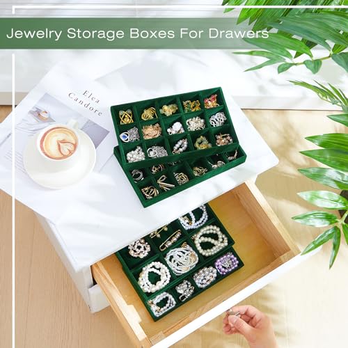 Junkin 12 Pcs Jewelry Tray Velvet Stackable Jewelry Organizer Trays Divided Earring Accessories Storage Containers Box (Rose Red) - color: Green