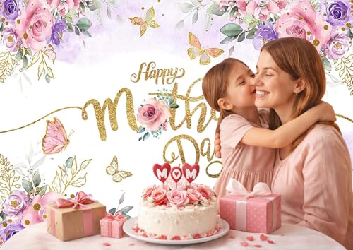 8x6ft Happy Mother's Day Backdrop Floral Golden Dots Mothers Day Birthday Photography Background for Women Thanks Mother's Day Photo Booth Props 068 - size: 8x6ft