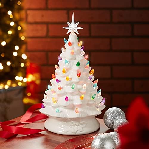 Casafield Hand Painted Ceramic Christmas Tree, White 15-Inch Pre-Lit Tree with 128 Multi Color Lights and 2 Star Toppers