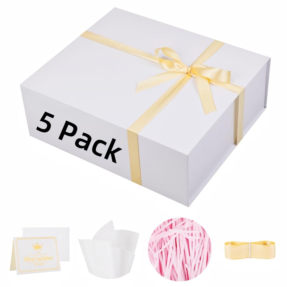 UoeRing 5 Pack Extra Large White Gift Box 17x14.5x6 inch Luxury Bridesmaid Box for Presents with Magnetic Closure Lid Collapsible,Contains Card, Ribbon,Tissue Paper,Shredded Paper Filler