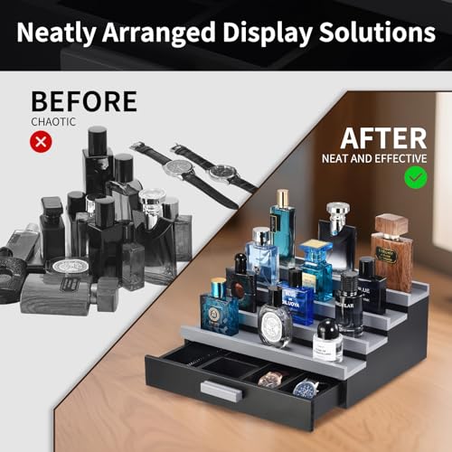 Perfume Organizer for Men, 4 Tier Wood Perfume Display Stand with Velvet Lining Drawer and Hidden Compartment for Watch,Jewelry,Perfume Display Risers,A Gift for Men (Black+Gray) - style: 4 Tier - BlackGrey