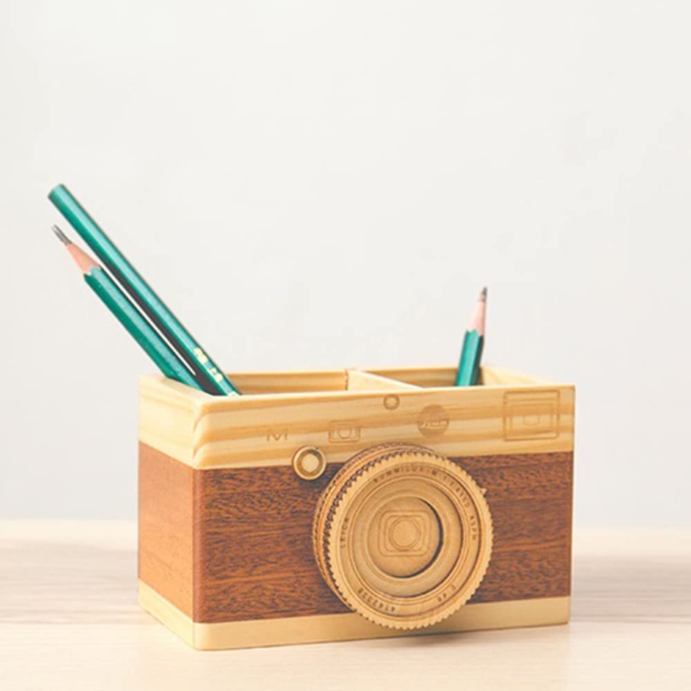 Leadigol Camera Wooden Pencil Holder,Desktop Pencil Holder Gift Makeup Organizer Double-layer Crafts Creative Camera Multi Purpose Use Desk Accessories