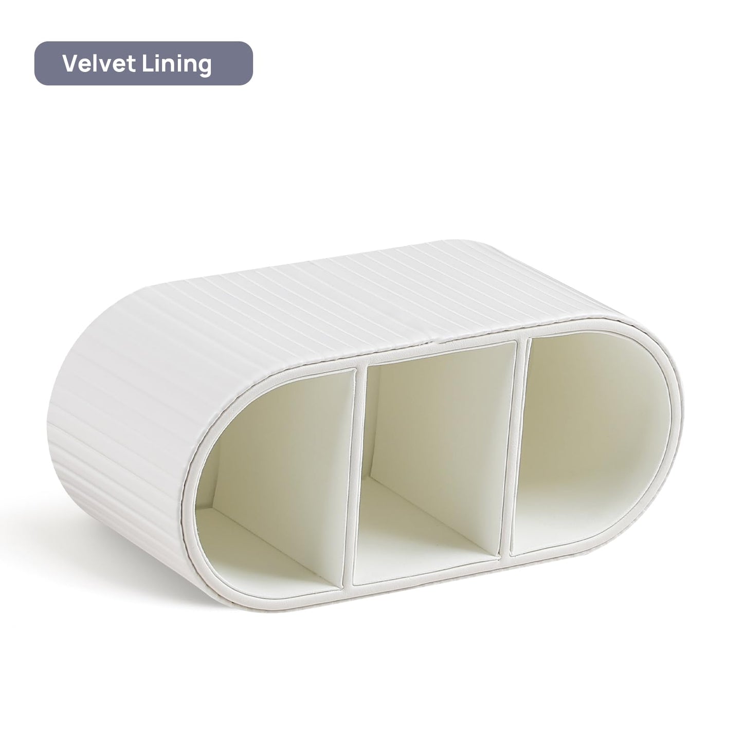 MEIBOOCH Oval Pen Holder for Desk, Remote Control Holder with 3 Compartments, PU Leather Small Desk Organizer Remote Caddy, Aesthetic Pencil Holder Desk Accessories for Home Office (Ivory)