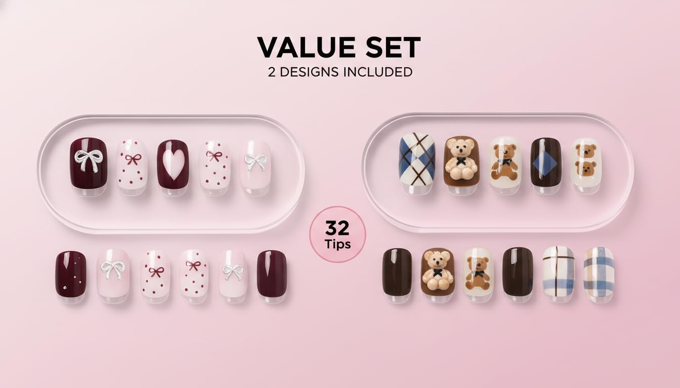 Cute Korean Press On Nails – Teddy Bear & Ribbon Heart Designs, Short Square Glossy Fake Nails, Reusable Stick-On Manicure Set (32 Tips / 2 Designs)