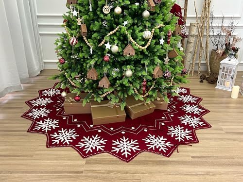 84-Inch Reversible Knit Tree Skirt with Christmas Star–Inspired Pointed Edge Border and Lace-Up Closures, Machine Washable Thick Acrylic Yarn, Burgundy & White