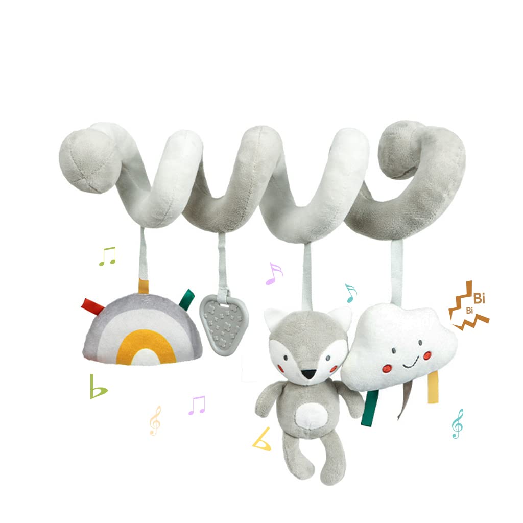 Blublu Park Baby Car Seat Toys, Infant Activity Spiral Plush Hanging Stroller Toys with Squeaker and teether for Car Seat Stroller Crib Bassinet (Grey Fox)