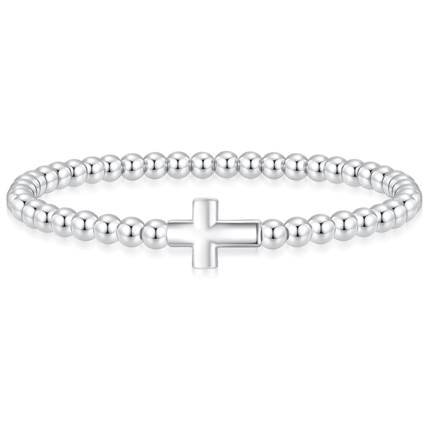 Beaded Bracelets for Women 14K Silver Gold Plated Stretch Handmade Ball Bracelets Cute Charm Bracelet Dainty Stackable Cross Heart Bow Wave CZ Circle Trendy Jewelry Easter Gifts (cross-silver)