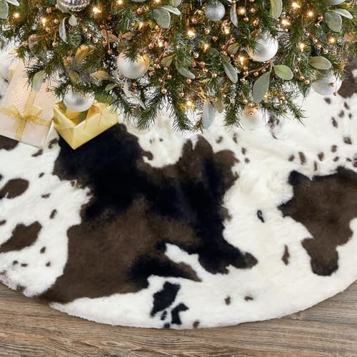 Cow Print Christmas Tree Skirt, 24 inches Western Cowhide Faux Fur Christmas Tree Skirt for Xmas New Year Home Party Decorations