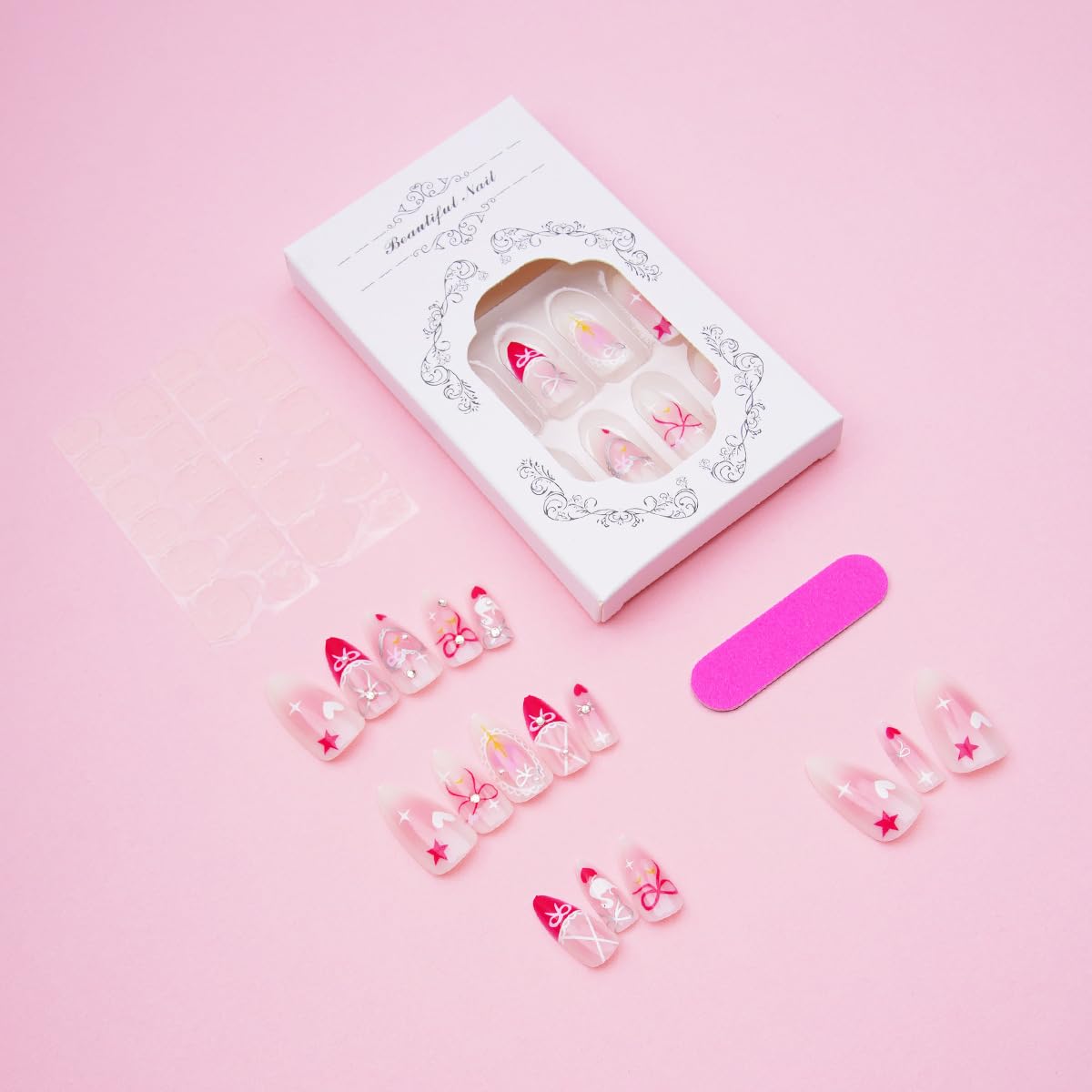 24Pcs Pink French Tip Press on Nails Medium Almond Fake Nails with Pearl Rhinestones Design Heart Star False Nail Cute Bow Stick on Nails Summer Glue on Nails Pink Gradient Acrylic Nail for Women Gift