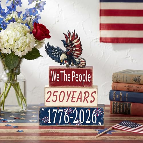 GlikCeil 4 Pcs 250th Anniversary Table Decoration 4th of July Tiered Tray Decor Eagle Patriotic Wooden Block Sign 1776-2026 Independence Day Centerpiece Rustic Star Tabletop Eagle Decor for Indoor - style: Eagle