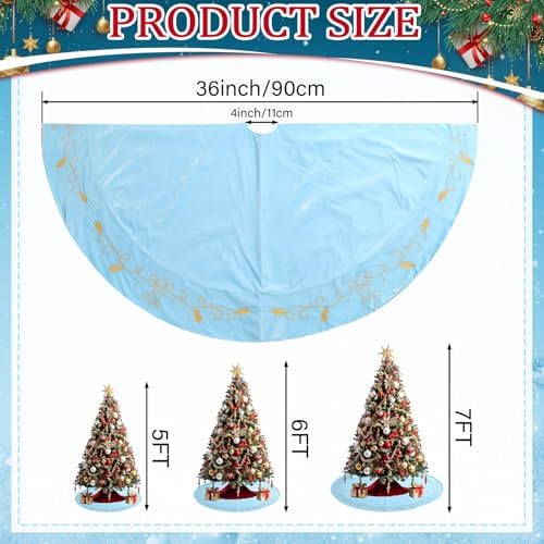 36inch Christmas Tree Skirt Blue Luxury Velvet Plush Fur Skirts with Gold Embroidery Xmas Velvet Tree Skirt Holly Leaves Gold Embroidered Trees Skirts for Christmas Holiday Party Decorations