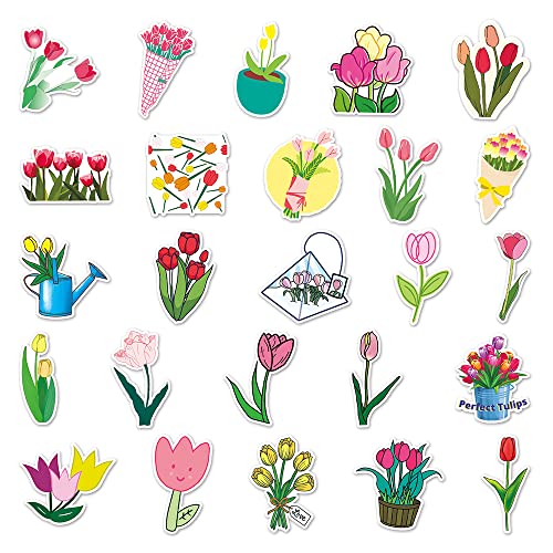 Tulip Stickers Pack 50 PCS, Floral Aesthetic Waterproof Vinyl Die-Cut Spring Flowers Sticker Set for Journal Planner Notebook Scrapbook, Water Bottles Laptop Phone Case E-Reader