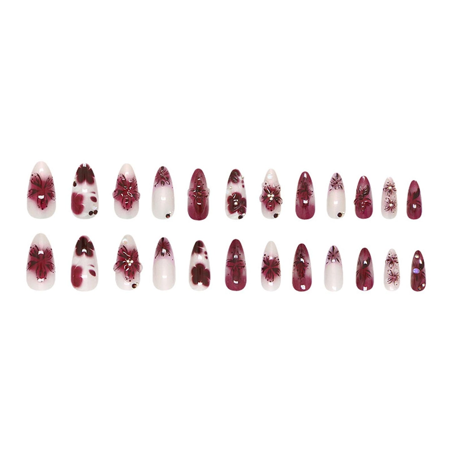 YKZFUI 24Pcs Dark Purple Flower Pearls Nails Medium Almond Acrylic French Tip False Nails Glue on Nails Set