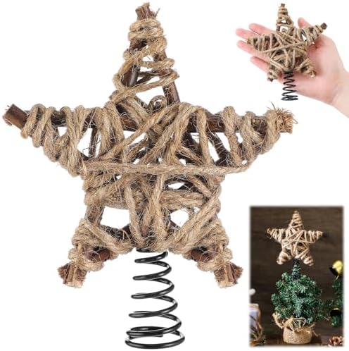 Gejoy Mini Christmas Rustic Tree Topper Retro Woven Star Tree Topper 6 Inch Miniature Star for Christmas Ornaments Farmhouse Home Decor Winter Holiday