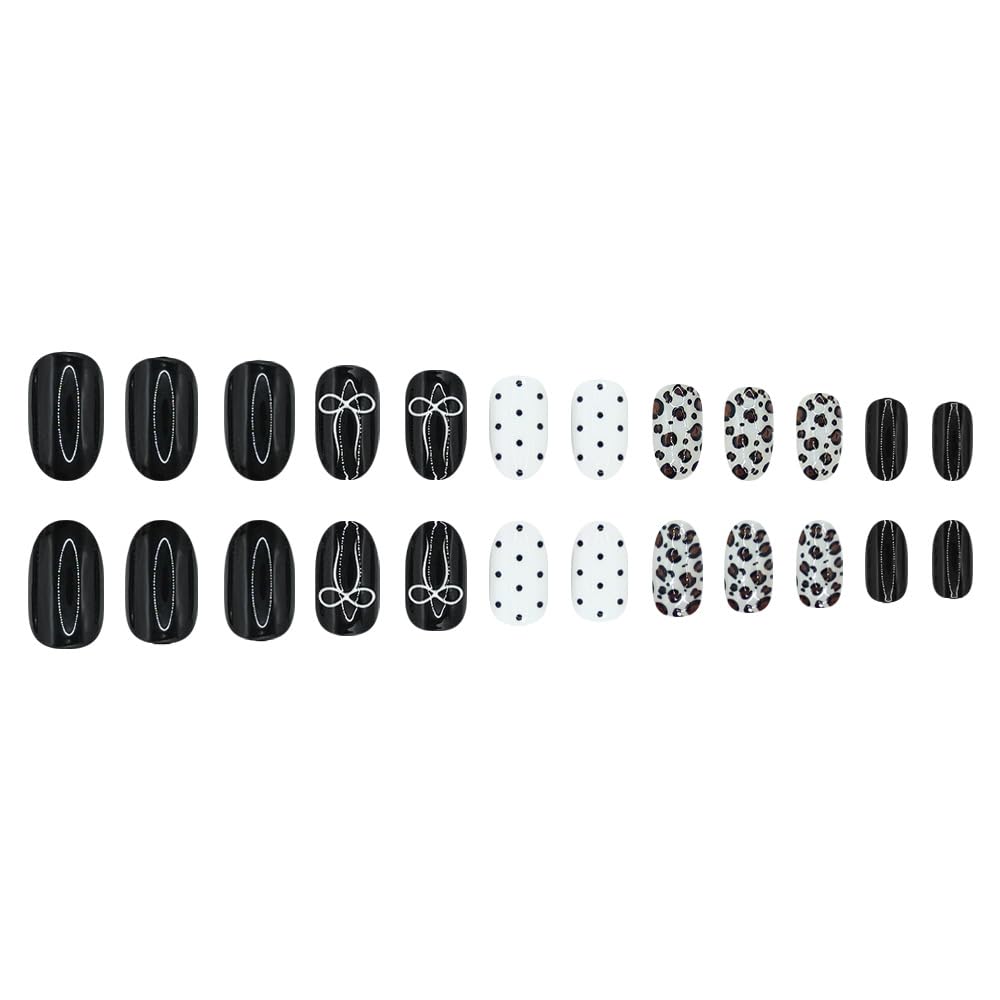 Black White Press on Nails Medium Oval Fake Nails Glossy False Nail with Designs Polka Dot | Leopard | Bow,Y2K Reusable Glue on Nail Full Cover Stick on Nails for Women Manicure 24Pcs