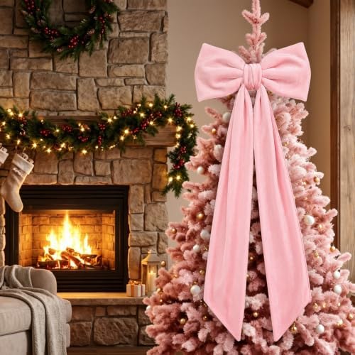 Gejoy 47 x 16 Inch Large Pink Christmas Bows Pink Velvet Bows