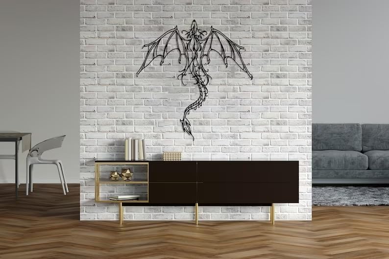Dragon Metal Wall Art | Legendary Fantastic Dragon Wall Decor | Mythologic Wall Hanging | Man Cave Decorative | Mythic Wyvern Sculpture for Living Room Bedroom Game Room (Black - 23.6'' x 22.7'' / 60
