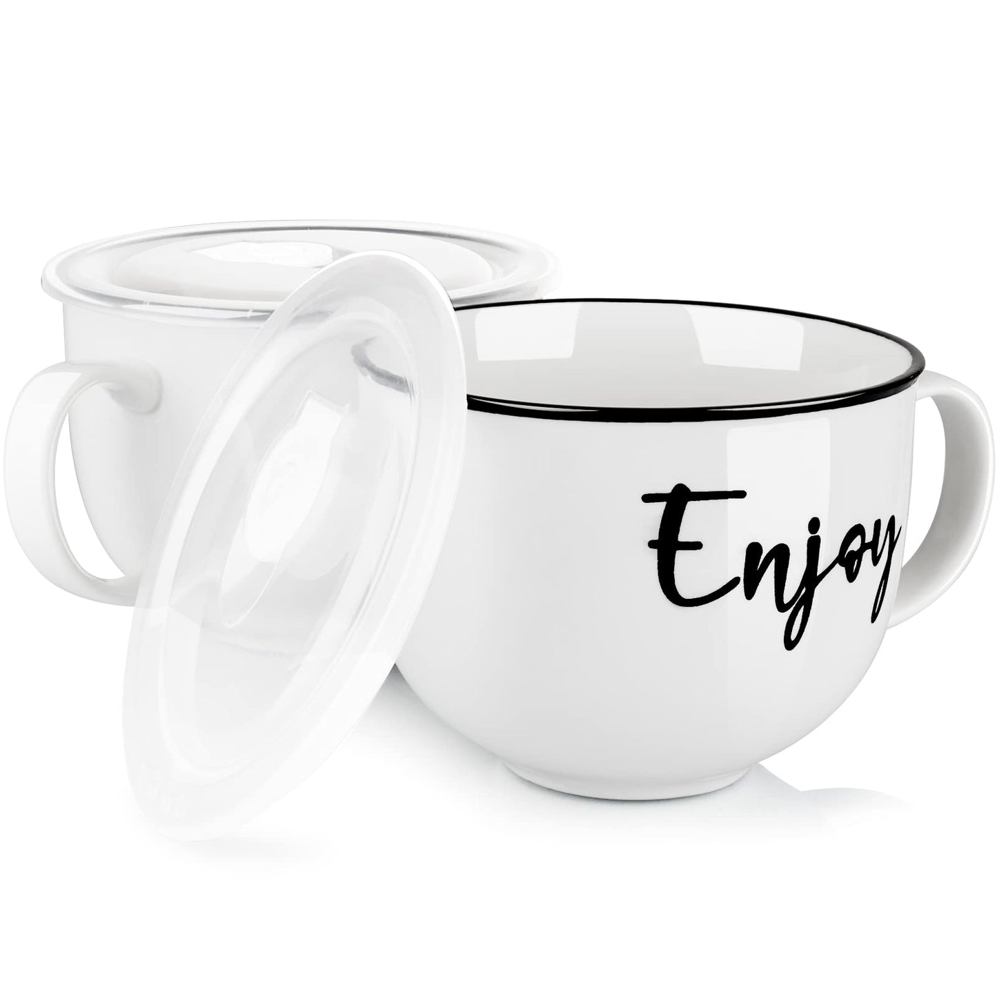 DAYYET Soup Mugs with Handles and Vented Lids, 26 oz Microwavable Soup Bowls, Ceramic Mugs Set for Overnight Oats, Cereal, Noodles, Ramen, Pasta, Salad, Oversized Coffee Mugs, Set of 2, White