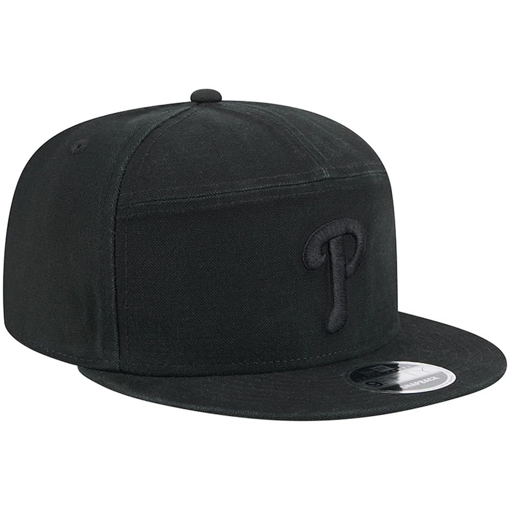 New Era 9FIFTY Black on Black Split Panel Cotton Canvas Snapback Cap, Hat (US, Alpha, One Size, Black Black, Philadelphia Phillies)
